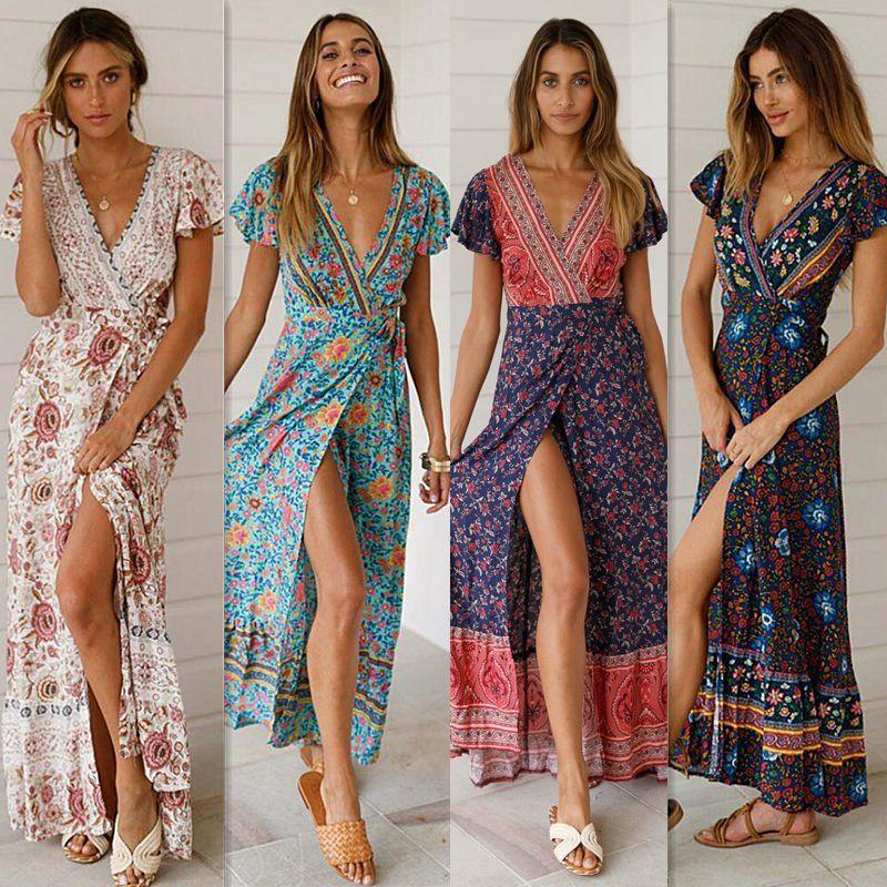 Women Wrap Summer Boho Floral Paisley Maxi Print Dress For Effortless Style