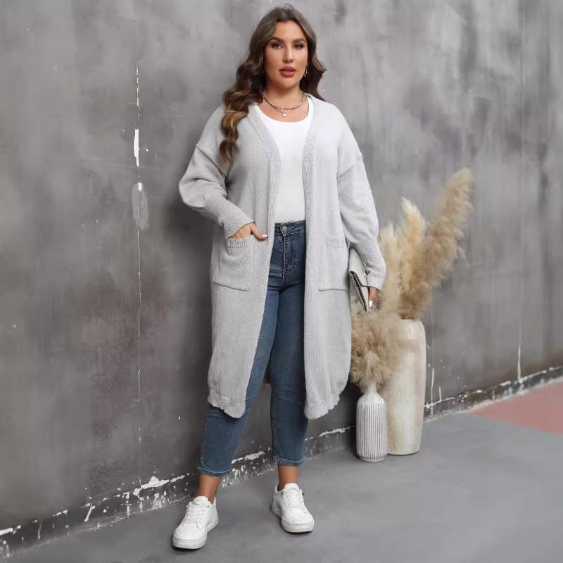 Damen Übergröße Locker Mittellang Laternenärmel V-Ausschnitt Doppeltasche Strick Cardigan Pullover