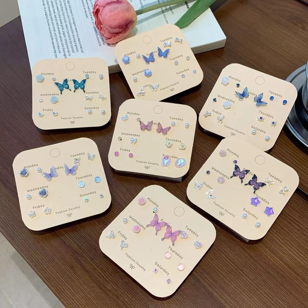 Sommer Bunt Schmetterling Blume Perle Woche Steckerohrringe Set Damen Silbernadel Klein Exquisit Süß Premium Ohrringe