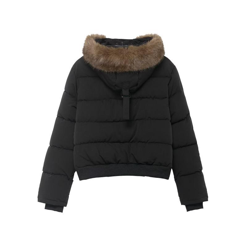 Womens Short Puffer Coat With Faux Fur Trim Hooded Winter Jacket Solid Color Streetwear Style