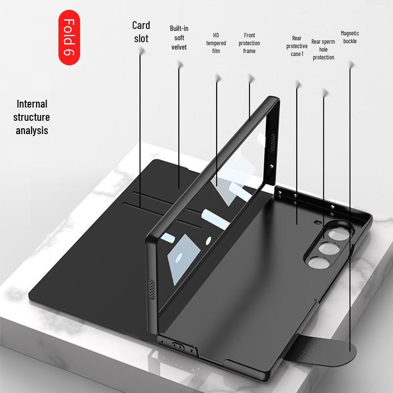 Samsung Z Fold 6 Leather Flip Case with Pen Slot and Glass Cover – Stylish and Business-Friendly.