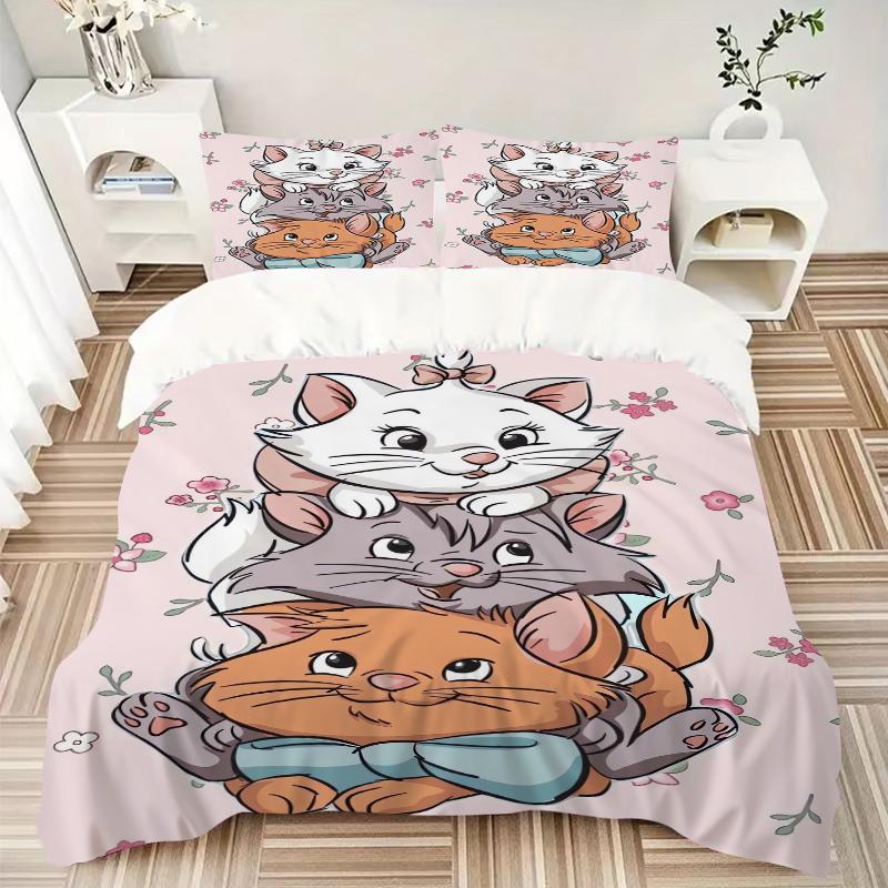 3Pcs Artsy Kittens Floral Background Bedding Set Quilt Cover Pillowcase Home Christmas Xmas Halloween Gift 1 Duvet Cover 2 Pillowcase M924329