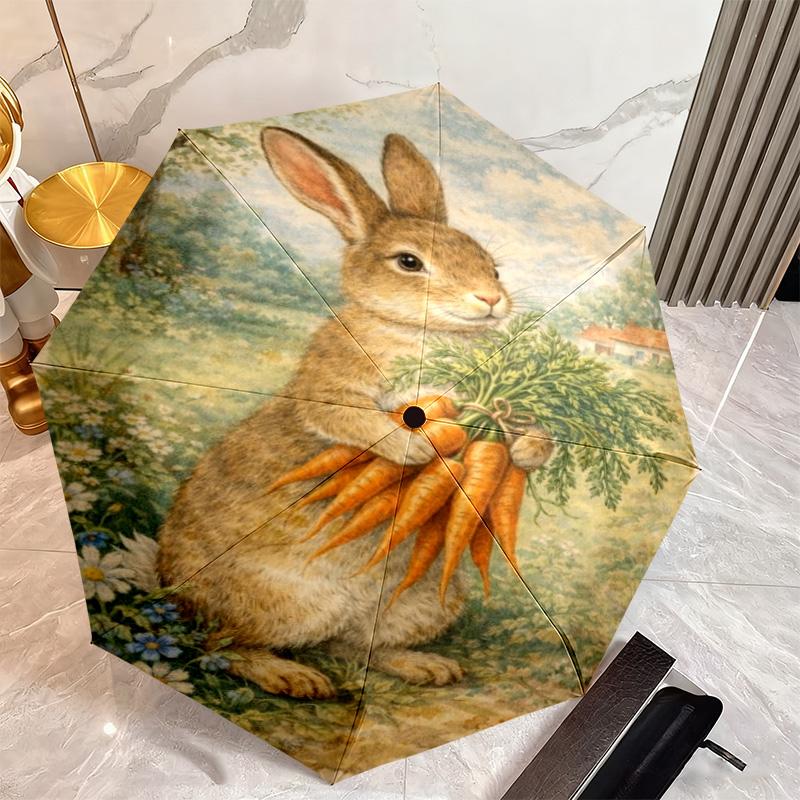 1PC Rabbit Carrots Garden Scene Automatic Umbrella - Suitable Travel Outdoor Portable Umbrella Birthday Gift Daily Essentials