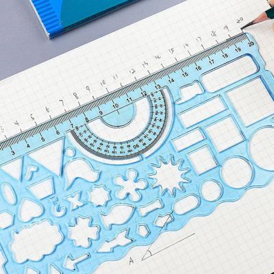 Regla para estudiantes, papelería de dibujo multifuncional, regla geométrica ahuecada multiforma con transportador para la escuela, 2 uds.
