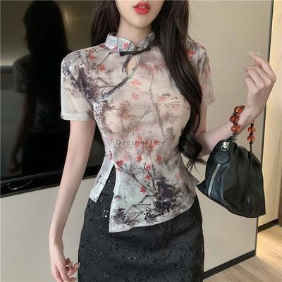Chinese Spicy Girl Style Slim Thin Qipao Exquisite Ink Plum Blossom Printing Gauze Retro Literature Art Blouse