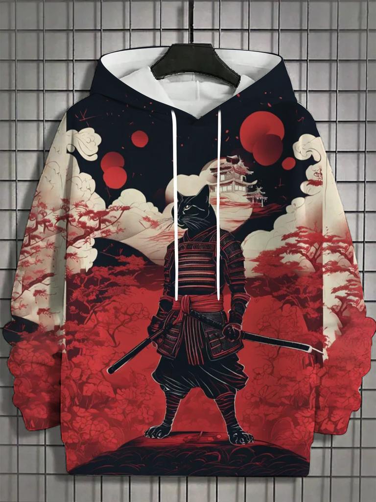Japanese Samurai Cat Print Hoodies For Men Fashion Oversized y2k Pullover Autumn and Winter Casual Sweatshirts Funny Street Tops