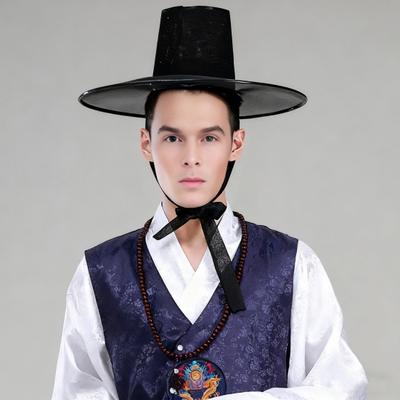 Bühnenauftritt Hut Ming-Dynastie Traditioneller Koreanischer Flacher Zylinder Hut Breite Krempe UV-Schutz Schwarz Halloween Cosplay Kappe Herren Kostümzubehör