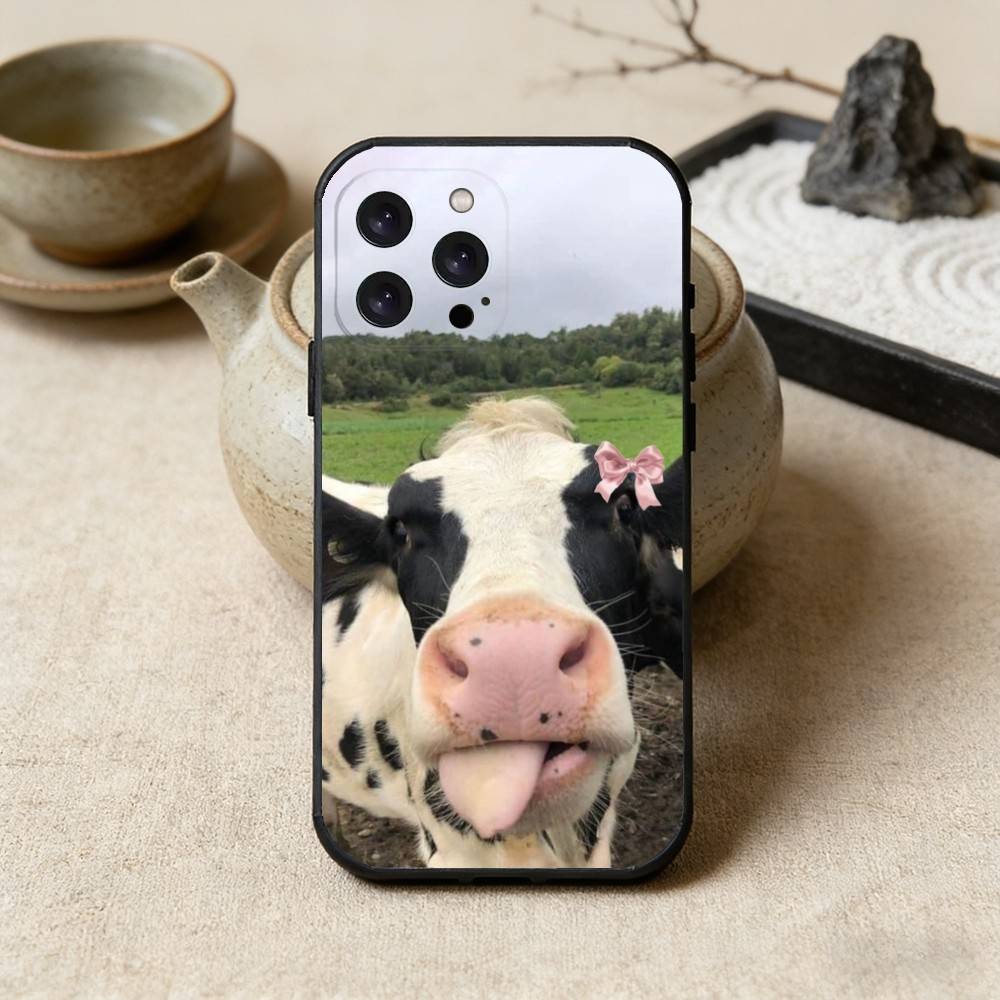 Lovely Cute Cow Cows OX Phone Case For iPhone17,16,15,14,13,12 Plus,Max Soft Silicone Black Cover