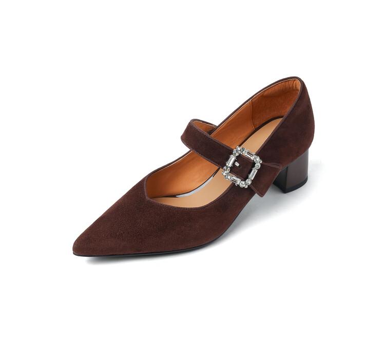 

Мода НОВЫЕ Осенне-Весенние Женские Туфли на Каблуке Обувь из Овечьей Замши Обувь с Острым Носком Толстый Каблук Женские Туфли-Лодочки Ретро Пряжка-Ремень Мэри Джейнс 37 коричневый