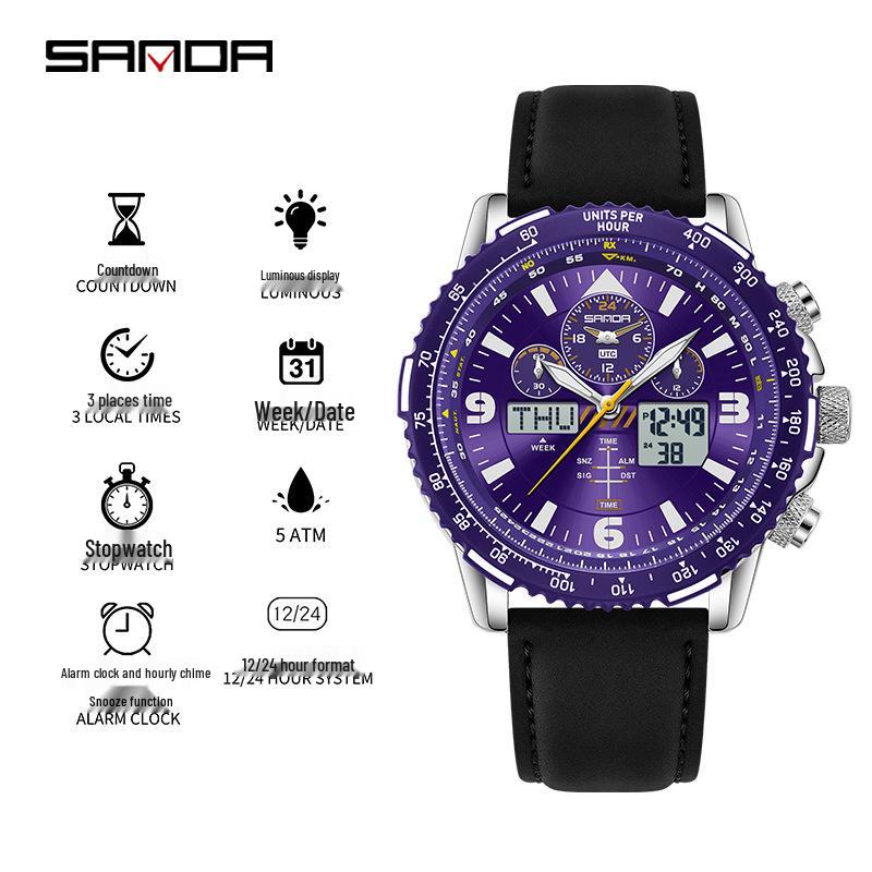 Orologio da polso da uomo Sanda a doppio movimento con display a tre finestre, multifunzioni, cinturino in pelle e acciaio e funzione impermeabile.