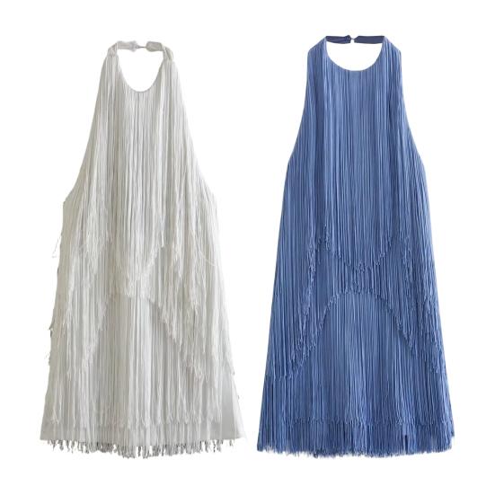 Women Summer Halter Neck Sleeveless Fringed Short Dress Strapless Off-the-Shoulder Braided Rope Paneling Slim Pleated Skirt for Parties