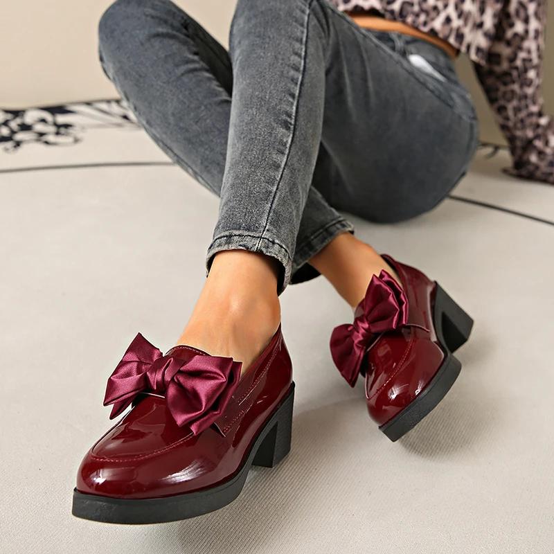 Fashion ZOKI 2025 Spring Sweet Bowknot Square Heel Pumps Woman Black Patent Leather Women's Loafers Platform Slip On Shoes for Women