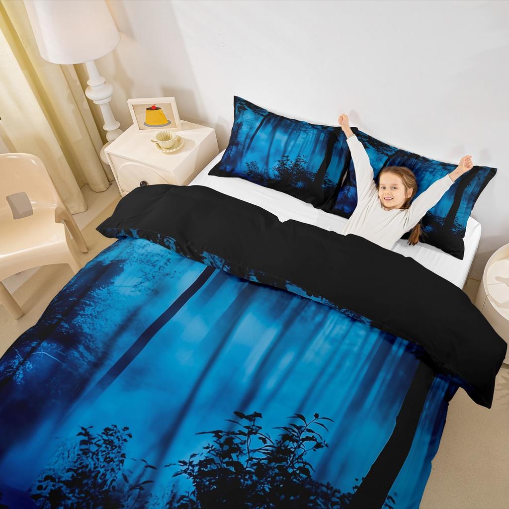Homewish Black Blue Pine Tree Duvet Cover Set,Jungle Plant Botanical Bedding Set,Nature Scenery Print Bed Set