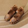 Summer new leather hollow sandals women's flower embroidery flat bottom soft sole mother shoes Velcro shallow mouth