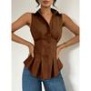 Womens Sleeveless Peplum Shirt With Collar And Button Down Detail Fitted Waist Casual Office Blouse