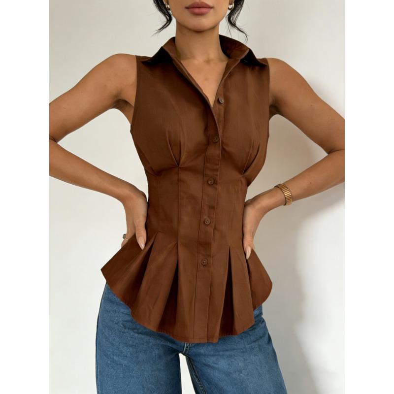 Womens Sleeveless Peplum Shirt With Collar And Button Down Detail Fitted Waist Casual Office Blouse