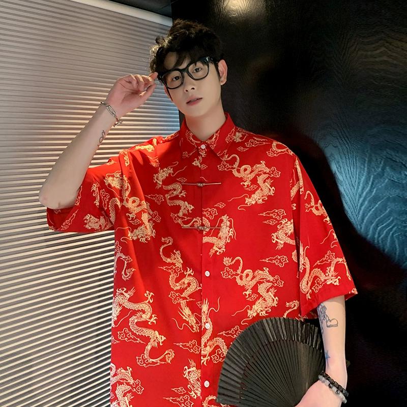 2024 Summer Chinese Traditional Dress High Quality Dragon Embroidery Shirt Men Ice Silk Short Sleeve Shirts Red Chinese Style Shirts