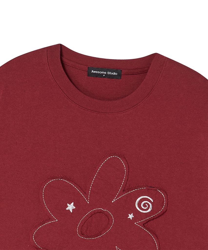 AWESOME STUDIO Flower Patchwork Short Sleeve T-Shirt Wine