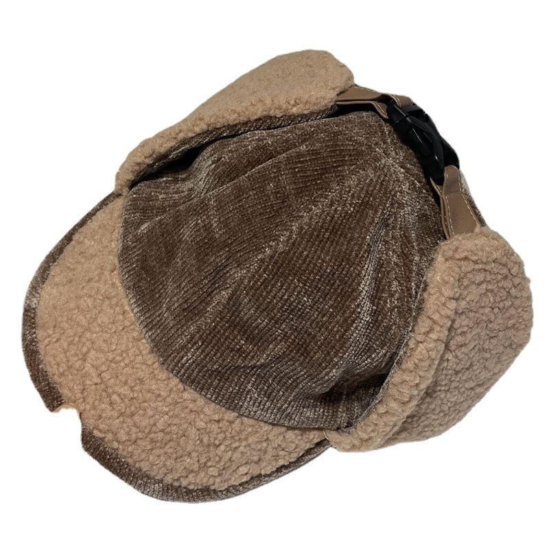 Japanese Corduroy Trapper Hat - Minimalist Solid Color Winter Ear Flaps Faux Shearling Thermal Cycling Cap Women