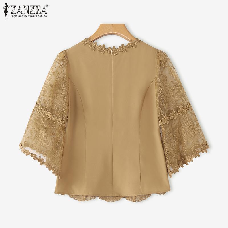 ZANZEA Damen Freizeit Rundhals 3/4 Ärmel Spitze Patchwork Bluse