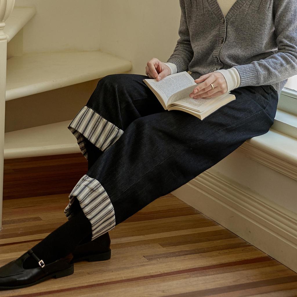 Women's Striped Patchwork Retro Wide-Leg Jeans: Slimming, Elastic Waist, Straight-Leg Pants for Spring