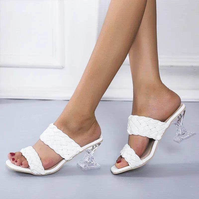 fashion Summer Women Mules Design Slippers Sandal Slides Braided Cord 7cm Transparent Heels Women Shoes Female Size 36-43
