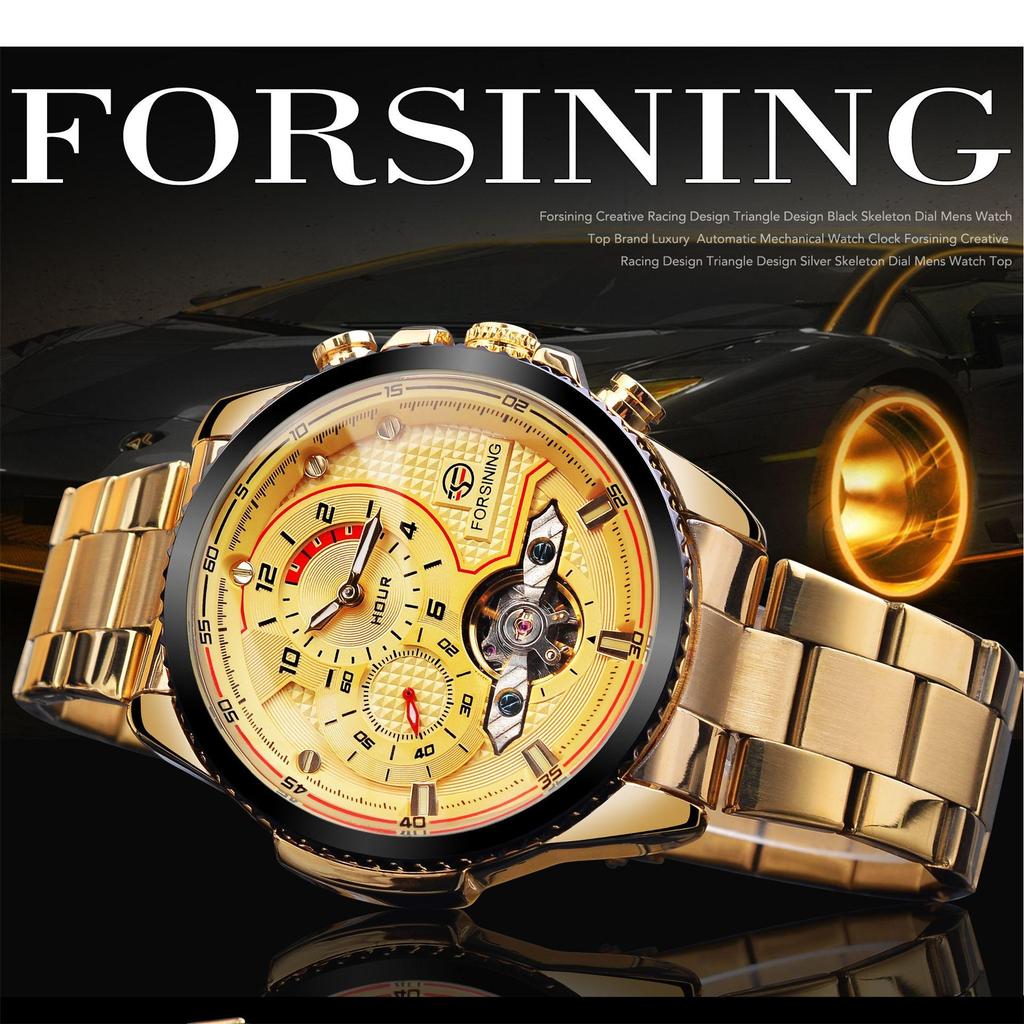 Forsining Mens Automatic Watches Stainess Steel Waterproof Wrist Watches Tourbillon Self Winding Mechanical Diamond Dial Wrist Watch