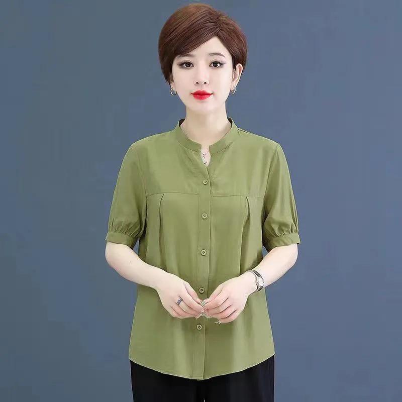women stand collar short sleeve button down shirt pleated front casual blouse XL зелёный