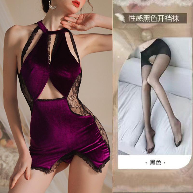 Sex underwear sexy pure lace splicing velvet temperament thin classical cheongsam purple charm hanging neck