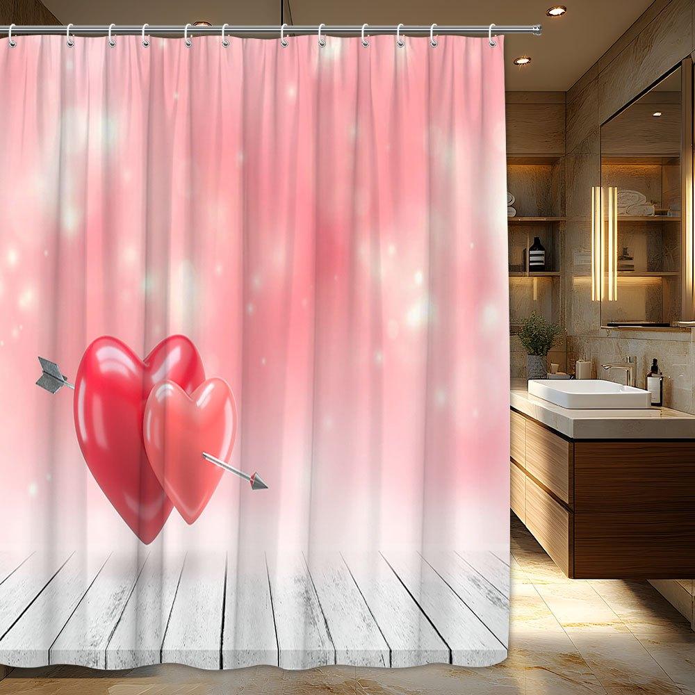 Romantic Red Heart Shower Curtain - Digital Art, Arrow Piercing Heart, Dreamy Pink Background with Light Spots W90XH180cm