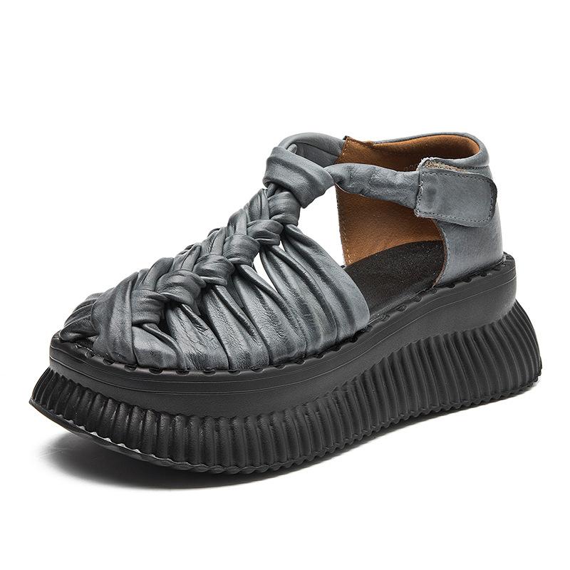 Fashion 5.5CM Cow Genuine Leather Flats Hollow Mary Jane Platform Wedge Booties Sandals Hook Pumps Flats Women Boots Summer Shoes