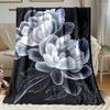 Black background white peony floral design flannel blanket elegant modern bedroom decor luxury flower pattern throw blanket gift