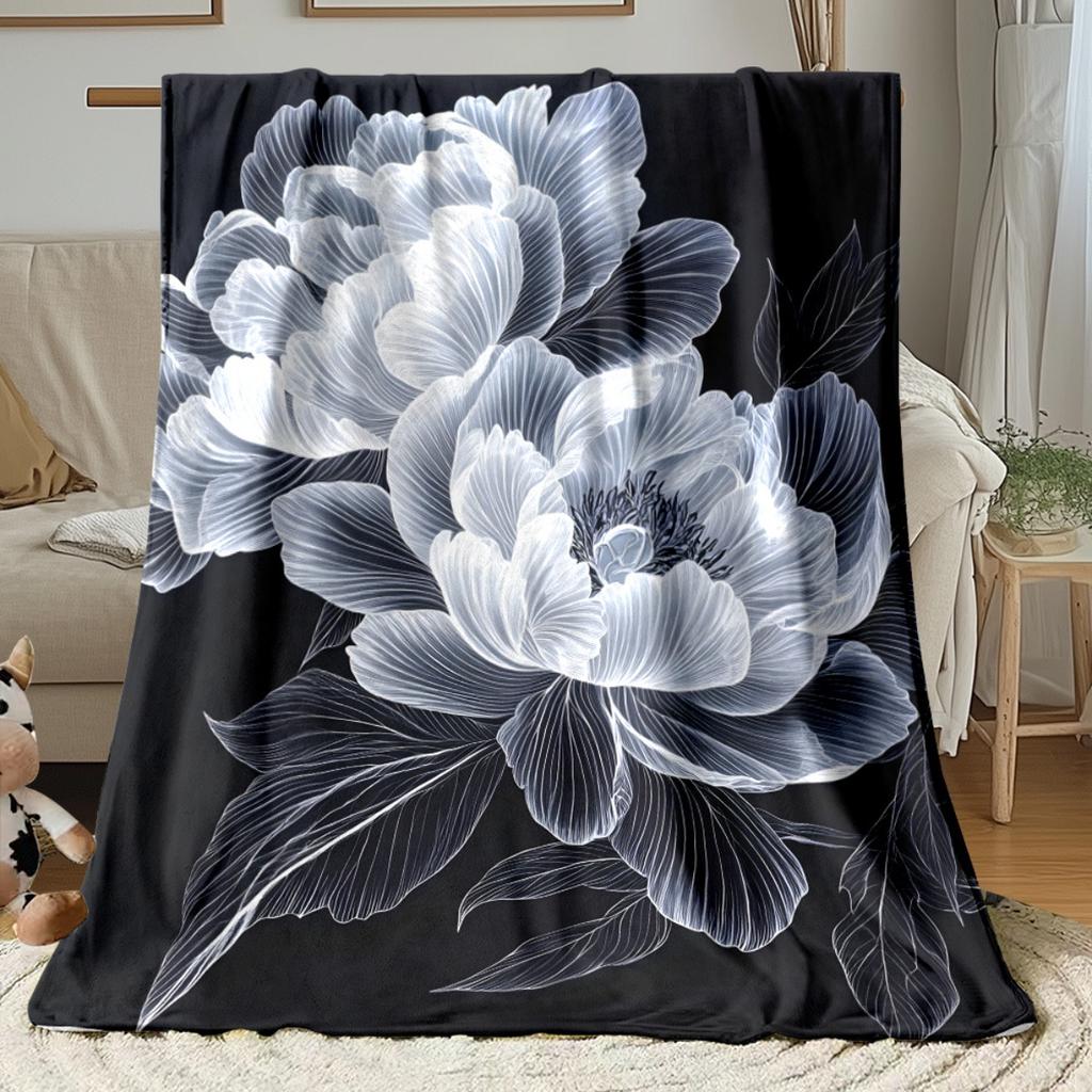 Black background white peony floral design flannel blanket elegant modern bedroom decor luxury flower pattern throw blanket gift