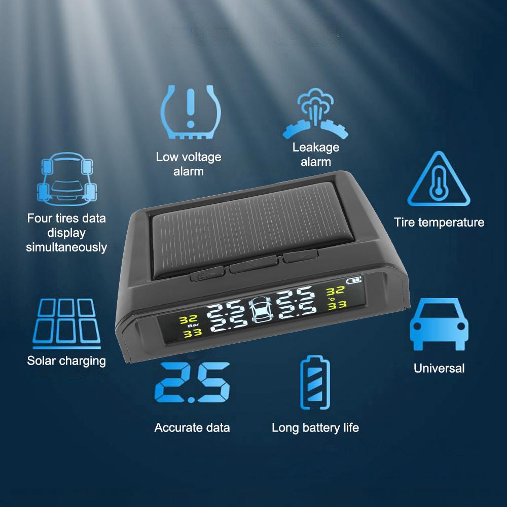 Car Tire Pressure Monitoring System Solar TMPS 4 Sensors Digital Display Tyre Tester Temperature Warning Automotive Accessories