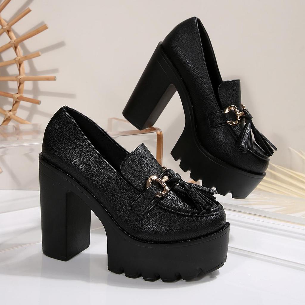 Women's Chunky Heel High Heel Shoes with Tassel Decoration - 2025 Autumn Collection in Plus Sizes
