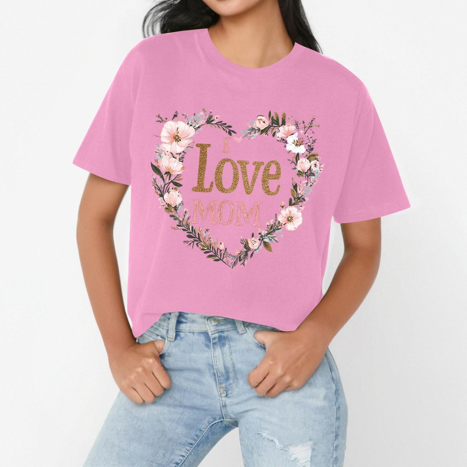 

I LOVE MOM Women s Casual Mother s Day Print Loose T-shirt Round Neck Pullover Short Sleeve Top XXL рожевий