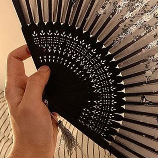 Floral Print Folding Fan with Tassel Chinese Style Hand Held Fan Portable Summer Cooling Fan Dance Performance Party Photo Props