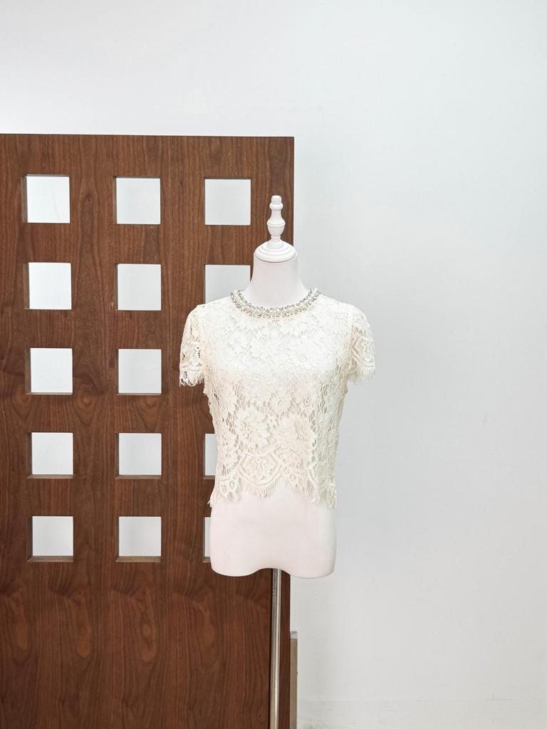 2026 Early Spring High-End Sexy Hollow-Out Beaded Short-Sleeve Lace Top for Women