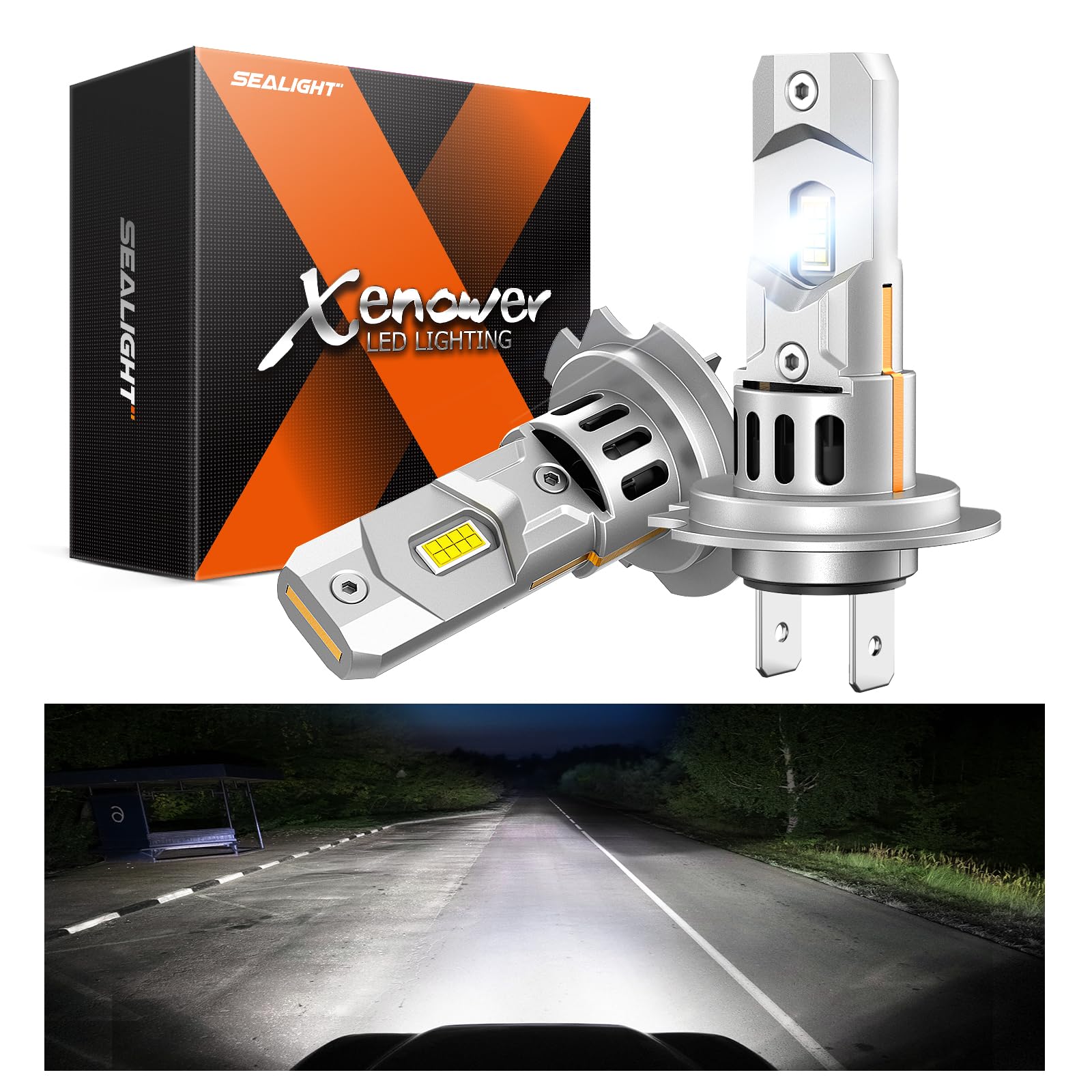 

SEALIGHT H7 LED с 16 мини-CSP и 6500K Чистый для техосмотра автомобиля IP68 Шумосовместимый с 12В автомобилями и Комплект из 2 фар, 18 000 лм, 60 Вт, Чипы,