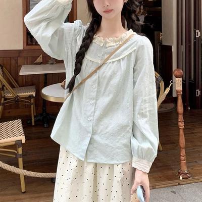 Camisa Dulce de Primavera Otoño con Encaje Francés Empalmado Lunares Chic para Mujer de un Solo Botón Manga Larga para el Trabajo Blusa