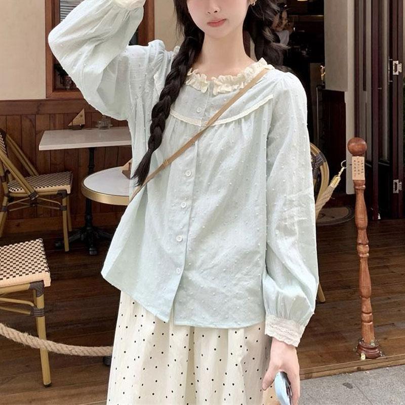 Spring Autumn Sweet Shirt French Lace Spliced Women's Polka Dot Chic Single-breasted Commute Long Sleeve Blouse