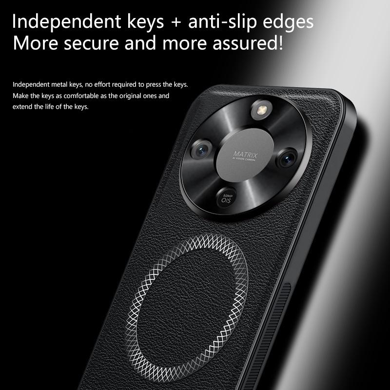 Luxusní PU kožené pouzdro na telefon pro Honor X70 Magsafe Kovový kroužek Magnetická přitažlivost Ochrana objektivu Odolný Nárazuvzdorný kryt