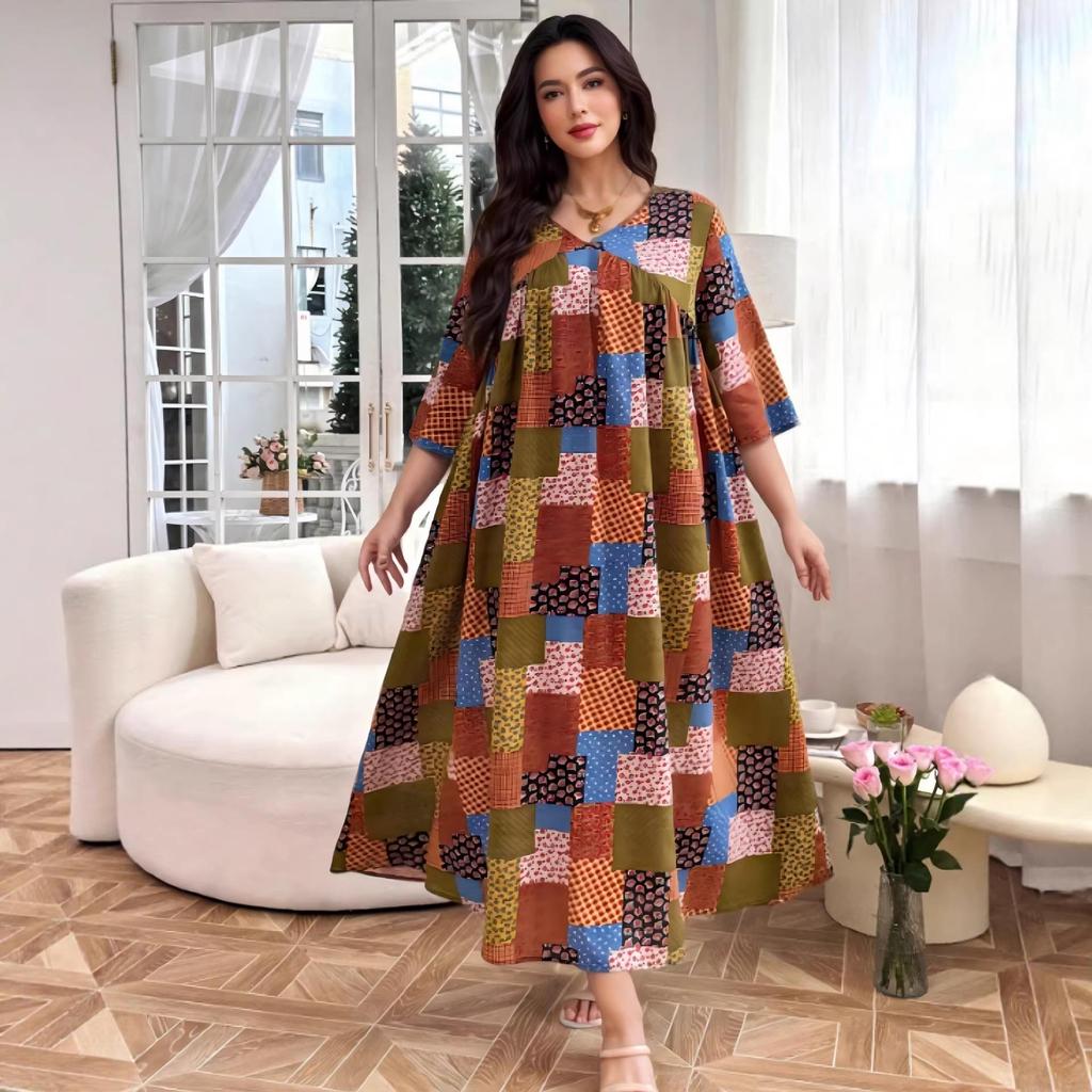 Plus Size V-Neck Floral Patchwork Dress - Women's Middle Eastern Style, Loose Fit, Three-Quarter Sleeve, Casual Vacation Wear