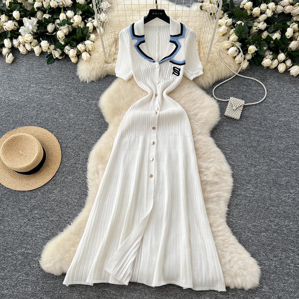 Sommer Damen Elegant V-Ausschnitt Designer Stickerei Buchstaben Strickpullover Einreihig Lange Midi Kleider