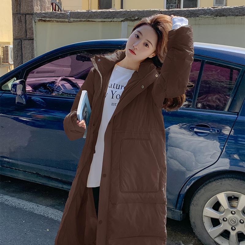 Mittellange knielange Daunenjacke für Damen im Herbst und Winter, verdickter, lockerer Mantel mit Kapuze und langen Ärmeln