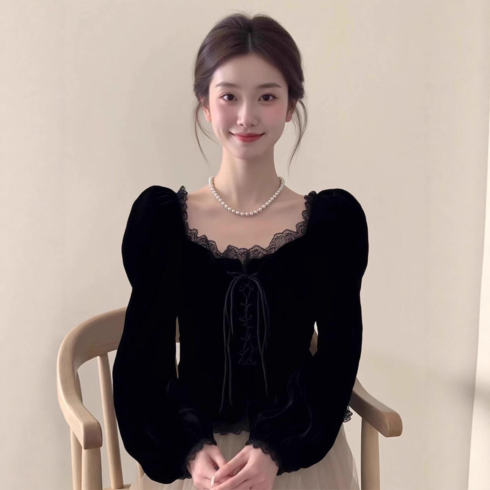 French Hepburn-Style Black Velvet Top with Lace Trim and Puff Sleeves - Women s Elegant Winter Slimming Shirt S