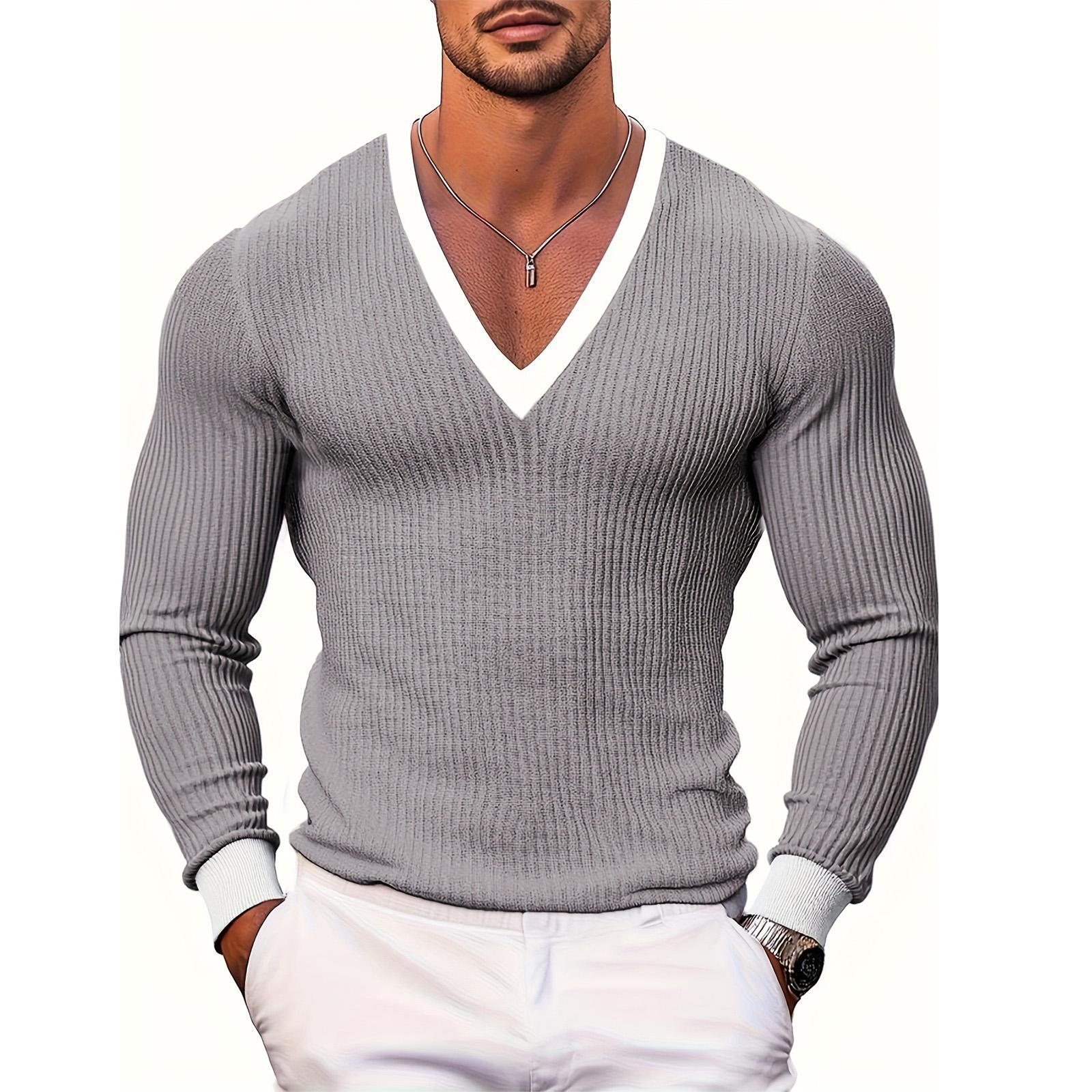 Men s Color V-neck Slim Fit Long Sleeved Casual Outdoor Sports Top M