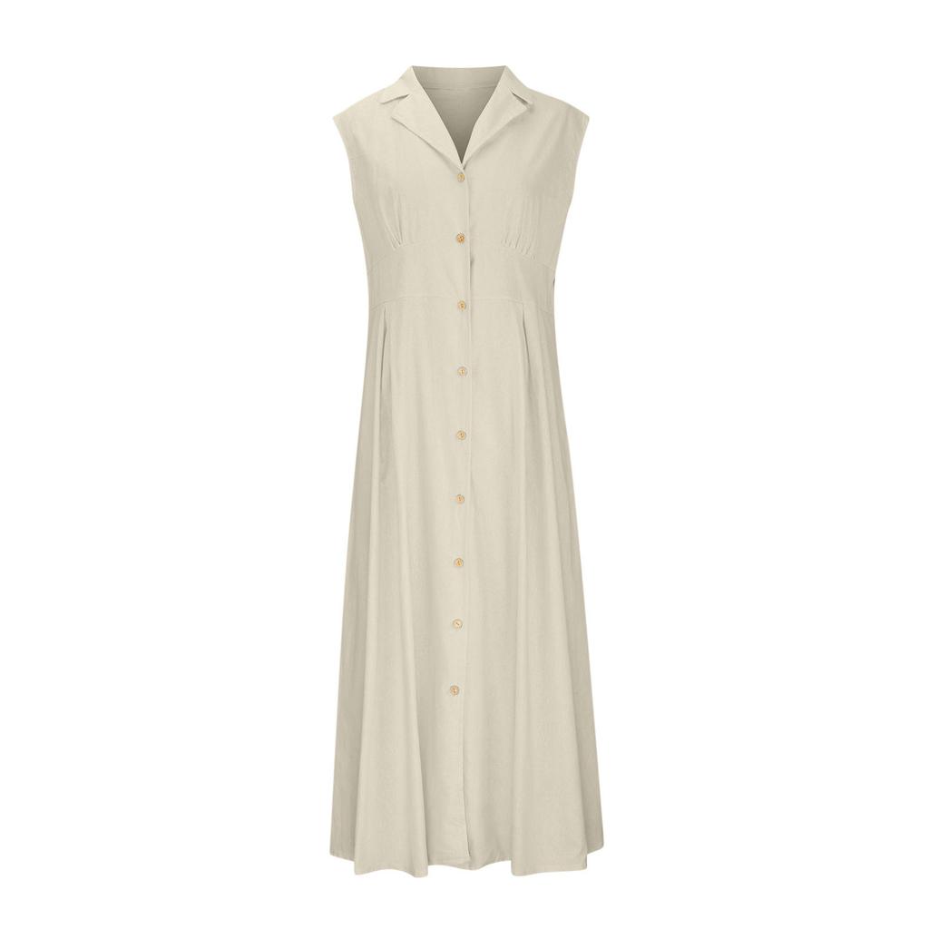 Cotton and linen dress, new suit collar, solid color button cotton and linen dress, dress.