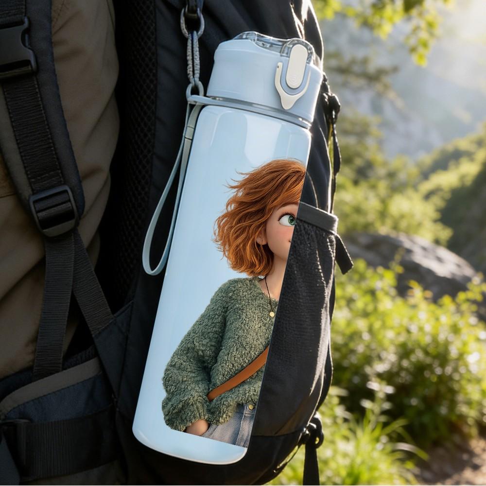 1PC Short Hair Girl In Green Coat Print 750ml Color Plastic Sports Water Bottle Leakproof Flip Straw Lid Suitable for Sports Office Home Use