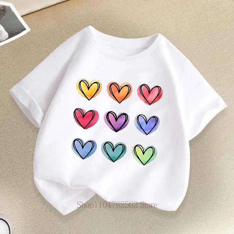 Heart Graphic Print Children Tshirts Summer Casual Fashion Kawaii Girls Colorful Tops Kids ONeck Short Sleeve Tshirts